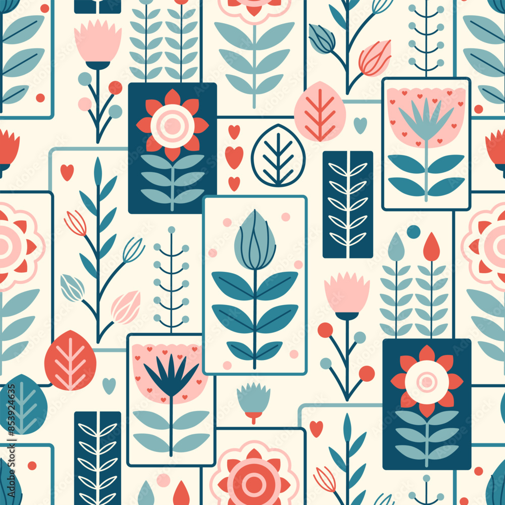 Folk Nordic seamless pattern. Simple naive rustic motifs. Minimalist stylized floral shapes. Modern background for patchwork or fabric. Scandinavian ornamental print featured flowers and leaves. Folk Nordic seamless pattern. Simple naive rustic motifs. Minimalist stylized floral shapes. Modern background for patchwork or fabric. Scandinavian ornamental print featured flowers and leaves.