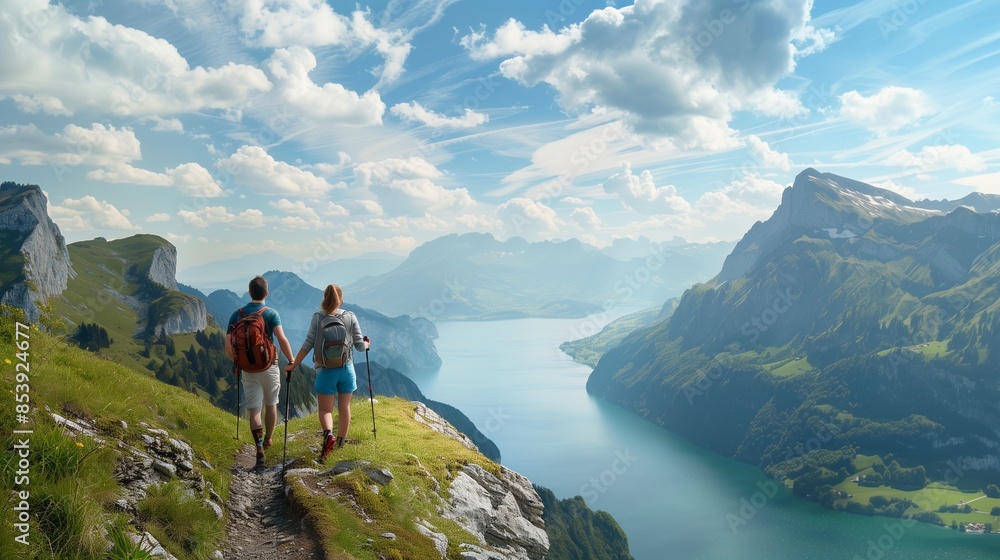 Fototapeta premium Couple hiking on a mountain trail: Adventurous couple hiking on a scenic mountain trail with breathtaking views.