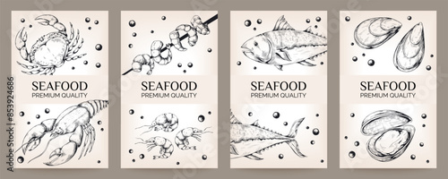 Seafood banners. Sea food menu. Fish and oyster. Sketch drawing delicious. Delicacy lobster. Premium quality products. Shrimp and seashell. Delicious salmon. Vector gourmet meal cards set