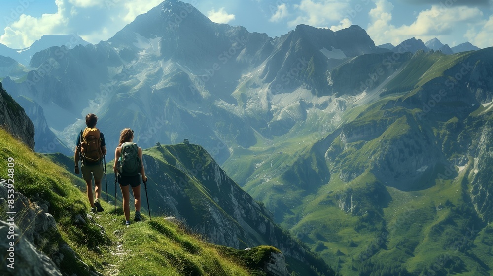 Obraz premium Couple hiking on a mountain trail: Adventurous couple hiking on a scenic mountain trail with breathtaking views.