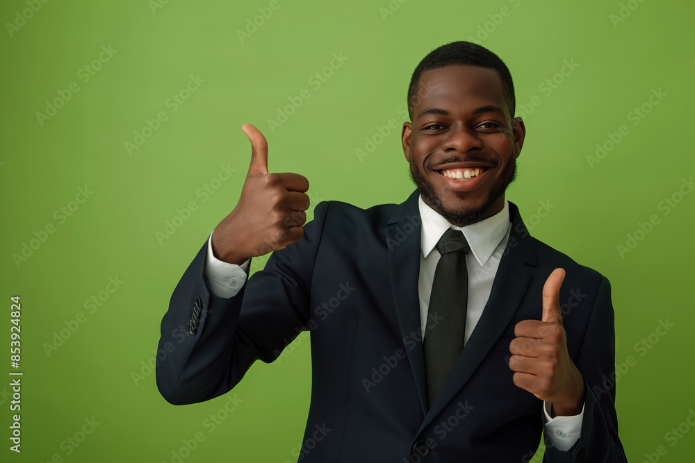 Smiling businessman giving thumbs up on green background Smiling businessman giving thumbs up on green background