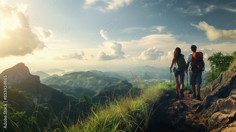 Couple hiking on a mountain trail: Adventurous couple hiking on a scenic mountain trail with breathtaking views. Couple hiking on a mountain trail: Adventurous couple hiking on a scenic mountain trail with breathtaking views.