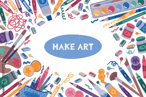 Art tools. Paint craft palette. Children pencil and scissors. Tubes or brush for painter class. Gouache jars. Artists markers and crayons. Artistic workshop. Vector creativity frame banner