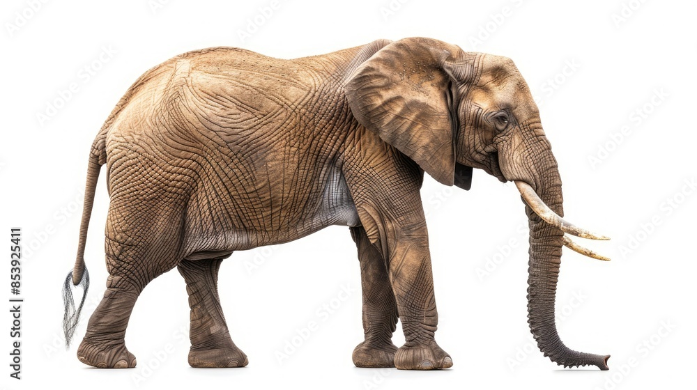 Elegant side view of an elephant with detailed textures of its skin, isolated on white Elegant side view of an elephant with detailed textures of its skin, isolated on white