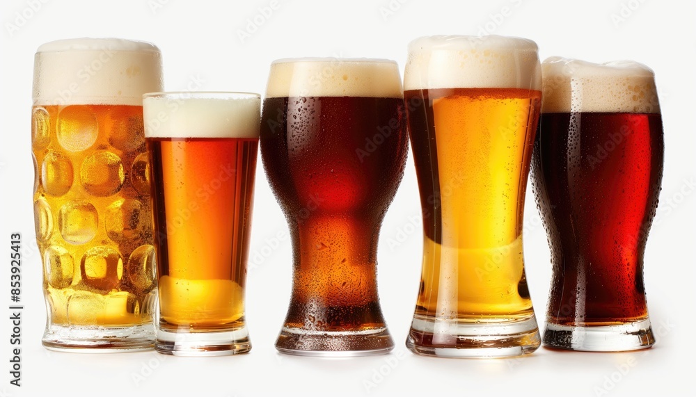 Assorted Craft Beer in Different Glasses with Foam on White Background. Assorted Craft Beer in Different Glasses with Foam on White Background.