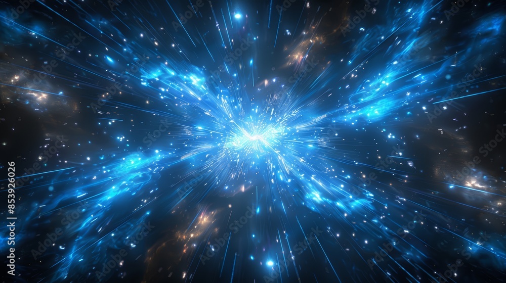 Fototapeta premium Celestial Explosion set Dynamic blue Black Background with Glowing blueish Sunburst Digital Lens Flare Color-Adjusted Light Rays close-up
