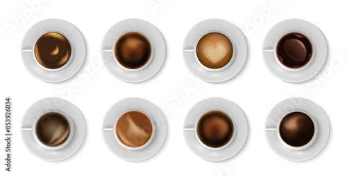 Coffee cup. Hot caffeine drink. Porcelain full mug with white saucer top view. Cappuccino aroma. Breakfast espresso. Americano or latte glass. Cafe menu. Morning beverages vector set