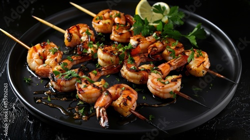 Savory grilled shrimp on skewers, drizzled with a tangy mix of soy sauce, garlic, fresh parsley, and a squeeze of lemon, all served on a chic black plate
