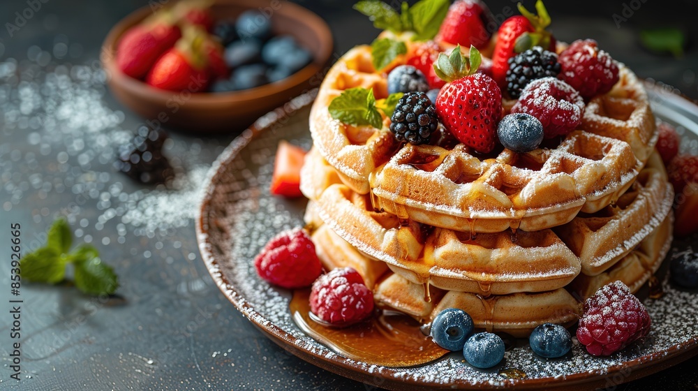 Belgian waffles with strawberries, blueberries and syrup, homemade healthy breakfast Belgian waffles with strawberries, blueberries and syrup, homemade healthy breakfast