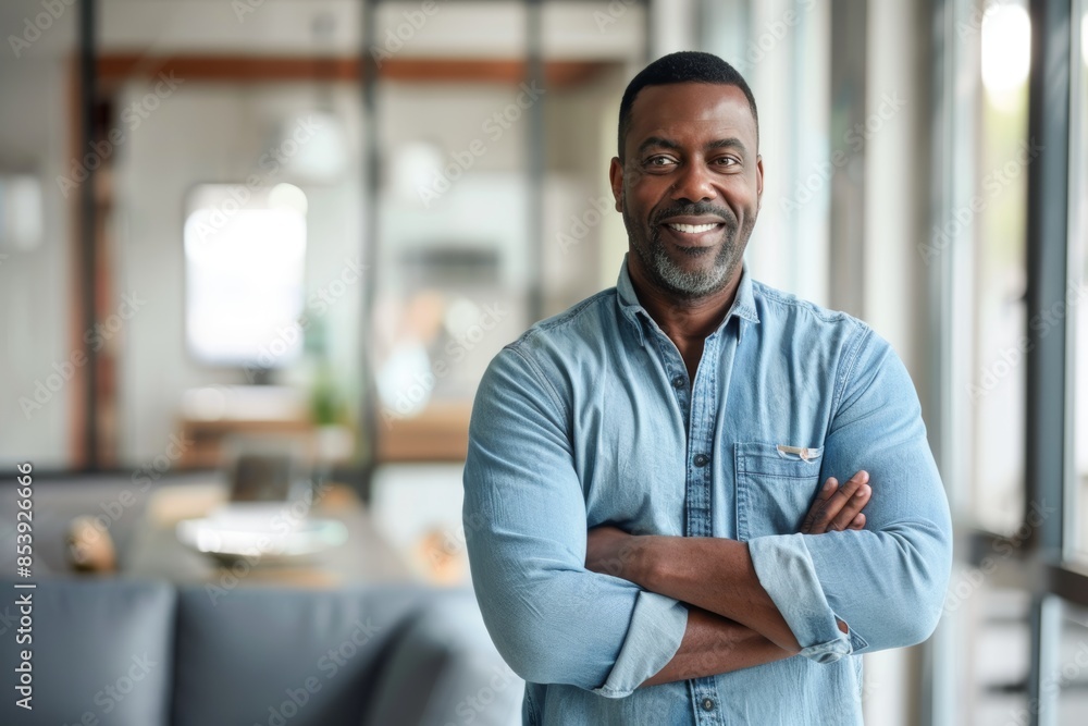 Portrait of a satisfied afro-american man in his 40s with arms crossed while standing against modern minimalist interior Portrait of a satisfied afro-american man in his 40s with arms crossed while standing against modern minimalist interior