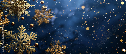Navy christmas background with snowflakes and gold, digital illustration painting artwork © Binh