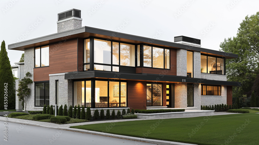 Fototapeta premium A large house with a lot of windows and a black roof