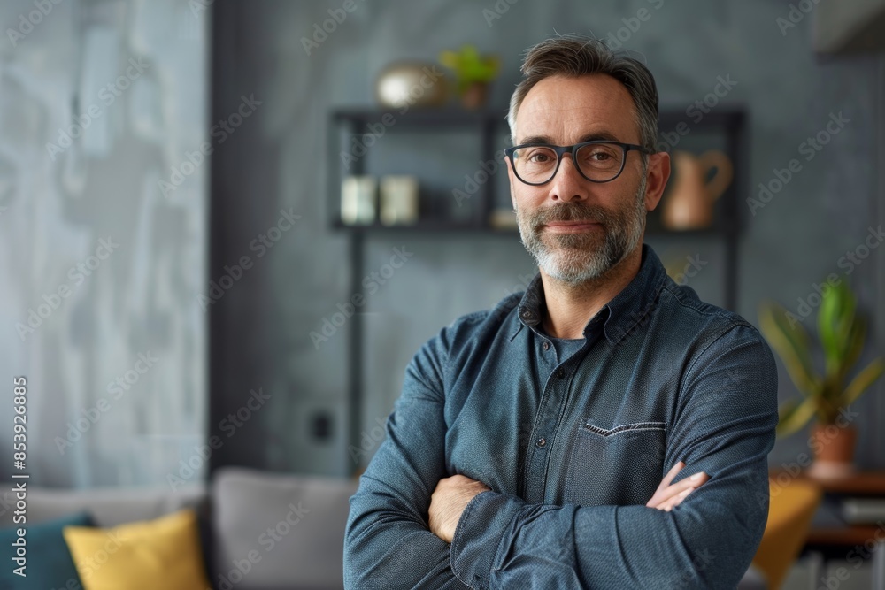 Portrait of a satisfied man in his 40s with arms crossed in modern minimalist interior Portrait of a satisfied man in his 40s with arms crossed in modern minimalist interior