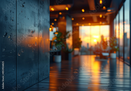 Beautiful blurred office background of a light modern interior with panoramic windows and beautiful lighting, 4K