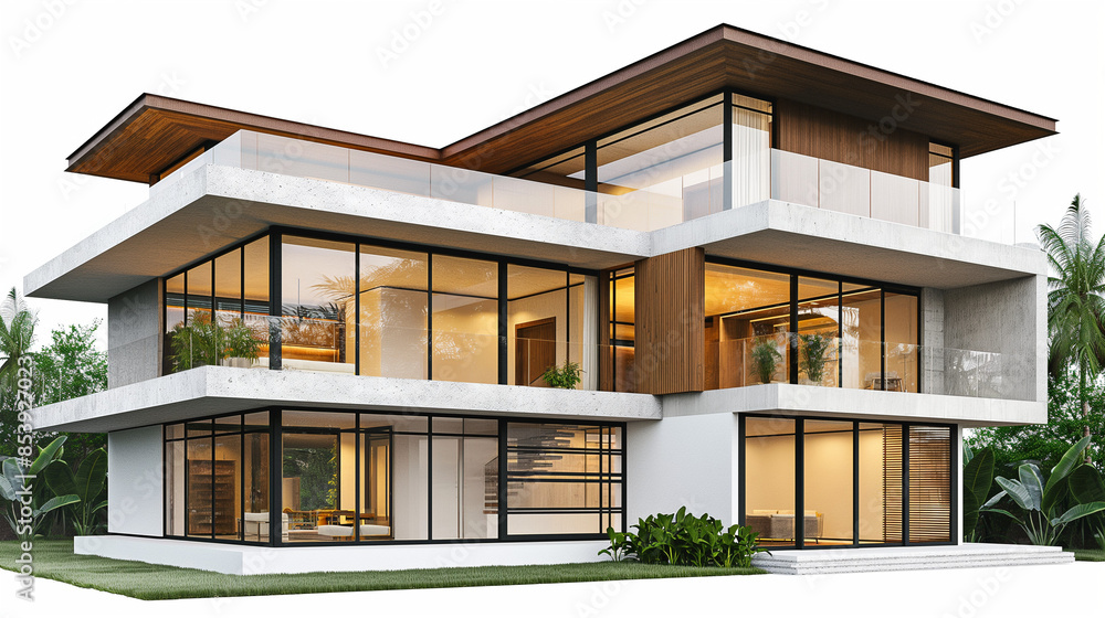 A large, modern house with a lot of glass windows and a balcony A large, modern house with a lot of glass windows and a balcony