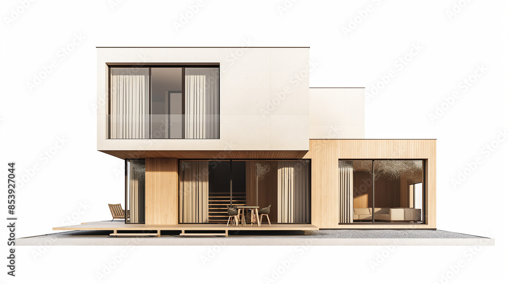 A large white house with a wooden exterior and a large glass window A large white house with a wooden exterior and a large glass window
