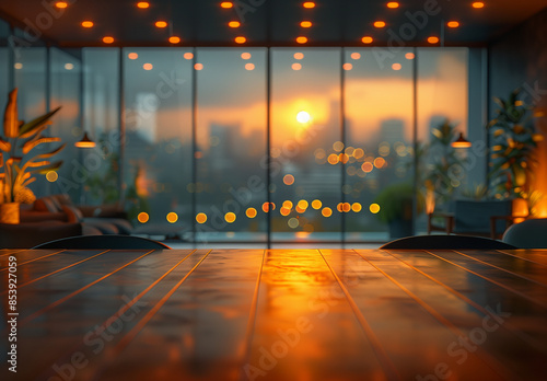 Beautiful blurred office background of a light modern interior with panoramic windows and beautiful lighting, 4K