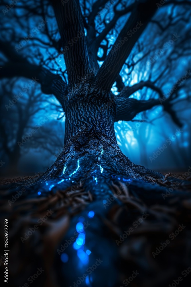 Naklejka premium Eerie enchanted tree with glowing roots in a misty forest at night, creating a magical and mysterious atmosphere.
