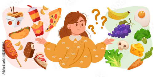 Healthy and unhealthy food. Girl makes choice. Pensive young woman thinking about health and funk snacks. Diet comparison. Thoughtful person choosing products. Vector dilemma concept
