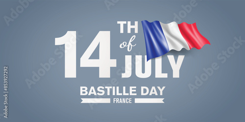 France happy Bastille day greeting card, banner with template text vector illustration. French memorial holiday 14th of July design element with 3D flag with stripes