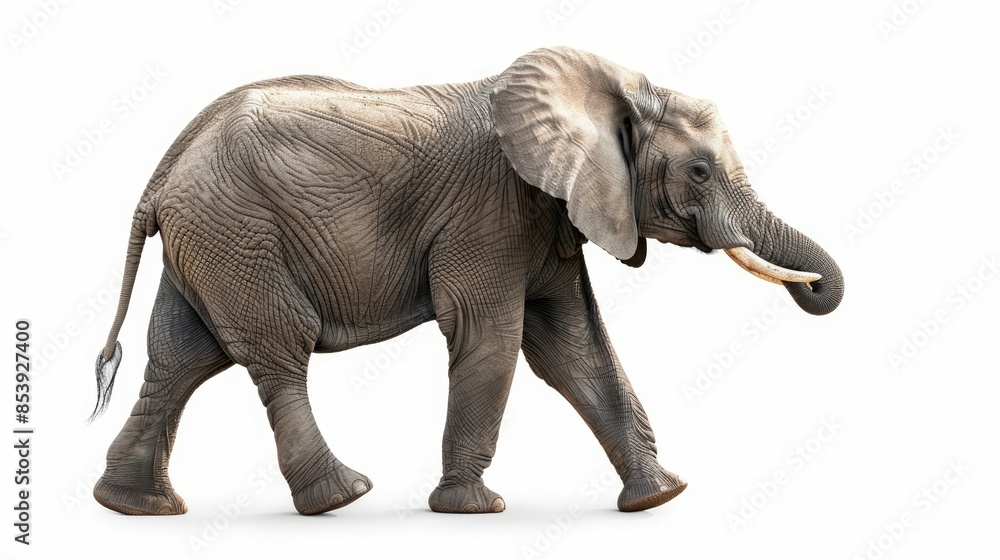 Obraz premium Majestic side view of an elephant lifting its trunk, isolated on white