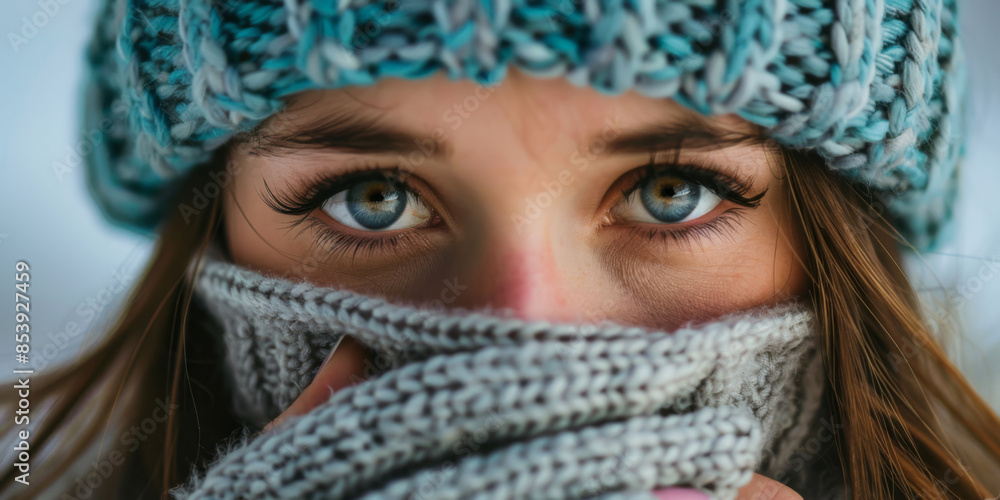 close-up of a girl putting a knitted hat on her face hiding from cold wind close-up of a girl putting a knitted hat on her face hiding from cold wind