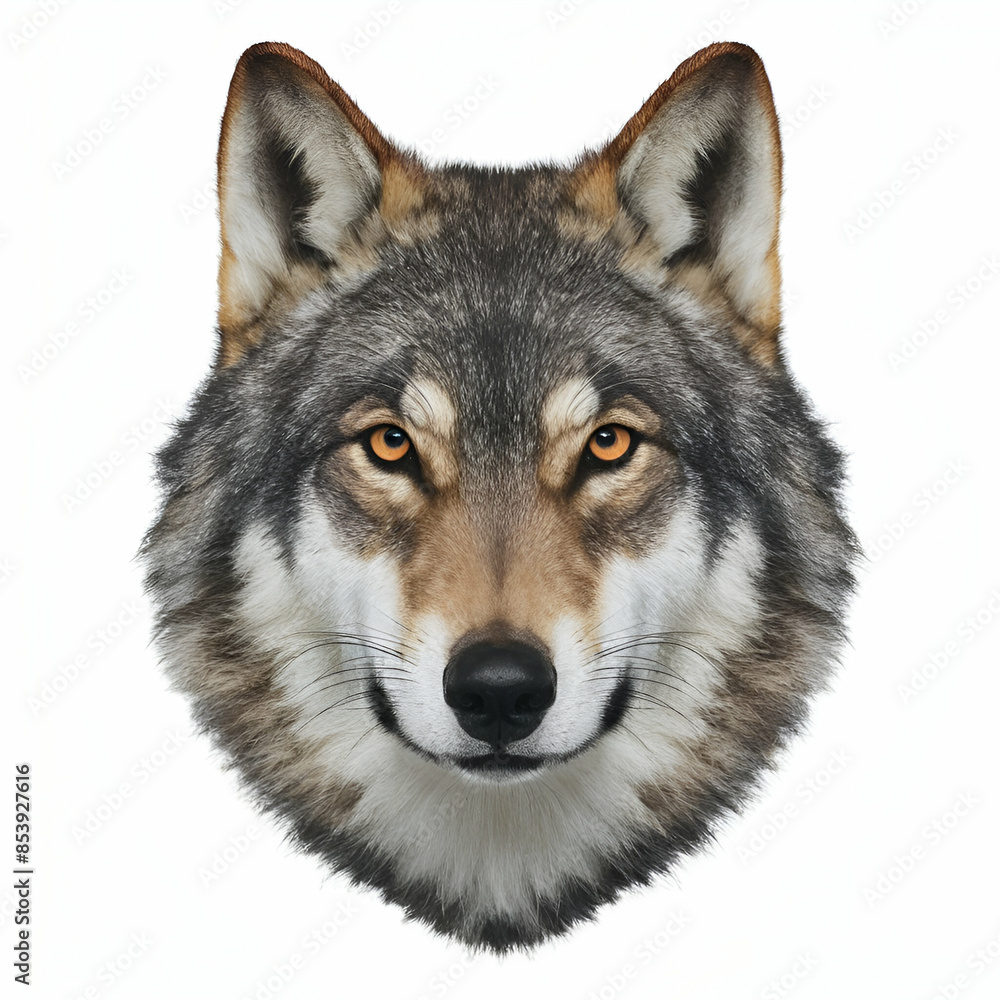 A grey wolf head isolated on white background, smiling canis A grey wolf head isolated on white background, smiling canis