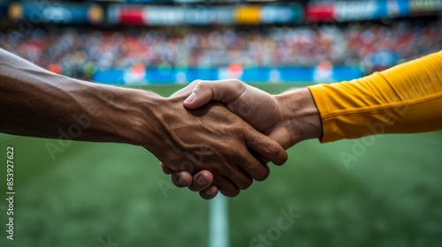 Two athletes shaking hands in a stadium, symbolizing sportsmanship and mutual respect after a game. Blurred crowd in the background.
