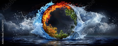 Breathtaking creative design Earth wind fire air water forming a circular shape the four elements dramatic dark background emphasizing elements in the center tilted angle