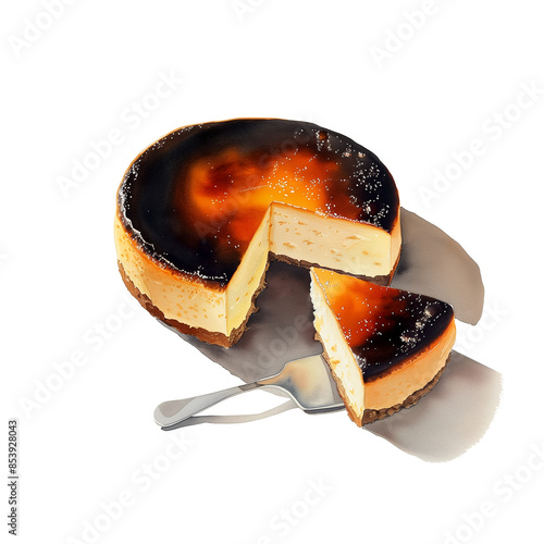 Watercolor illustration of basque cheesecake on white background