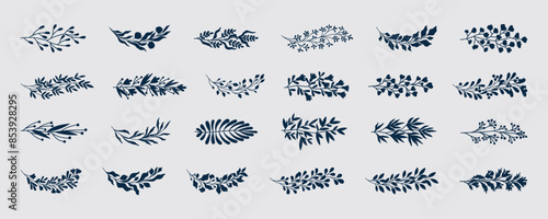 Leaf icons. Plant branch. Eucalyptus black silhouette twigs. Tree sprig and vine flowers for logo. Laurel stems. Botanical pattern. Palm and olive bush. Vector floral flat symbols set