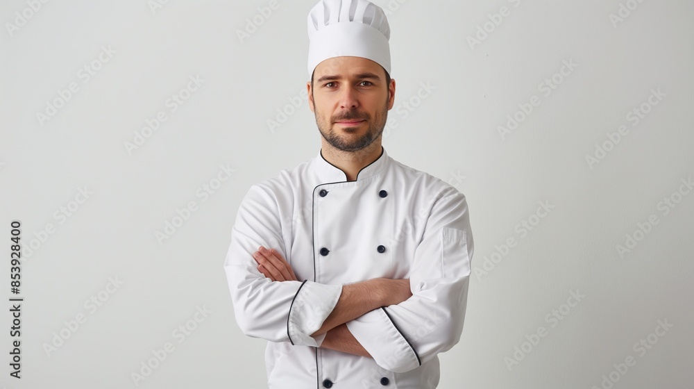 Portrait of a Professional Chef in Classic White Uniform and Hat Posing Confidently isolated on white background with copy space for text Portrait of a Professional Chef in Classic White Uniform and Hat Posing Confidently isolated on white background with copy space for text