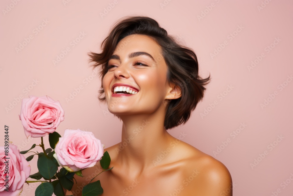 Portrait photo of a cheerful Caucasian woman, 34 years old, winking on a pastel rose background
Portrait photo of a cheerful Caucasian woman, 34 years old, winking on a pastel rose background