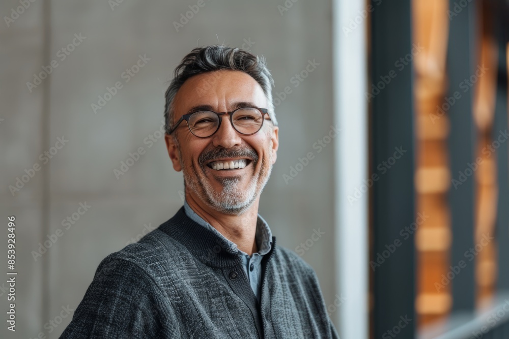 Portrait of a grinning man in his 40s laughing while standing against modern minimalist interior Portrait of a grinning man in his 40s laughing while standing against modern minimalist interior