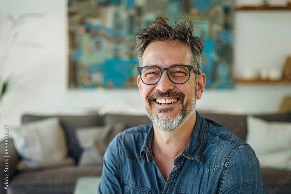 Portrait of a grinning man in his 40s laughing isolated in modern minimalist interior Portrait of a grinning man in his 40s laughing isolated in modern minimalist interior