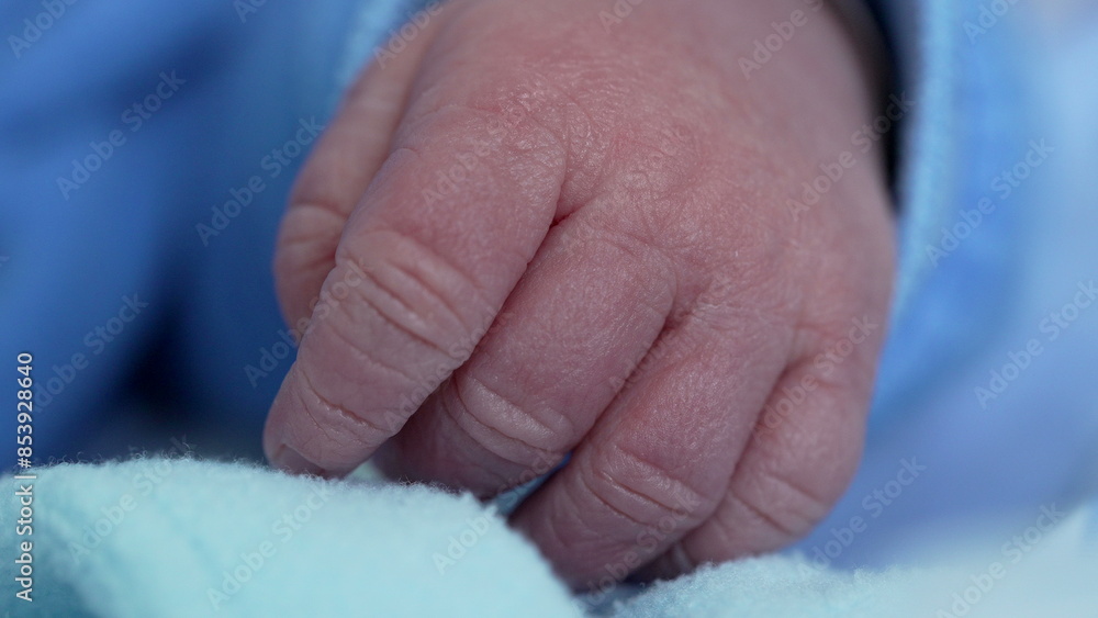 A macro shot of a newborn baby's tiny hand with fingers gently curled, dressed in a blue onesie, epitomizing the fragility and beauty of new life A macro shot of a newborn baby's tiny hand with fingers gently curled, dressed in a blue onesie, epitomizing the fragility and beauty of new life