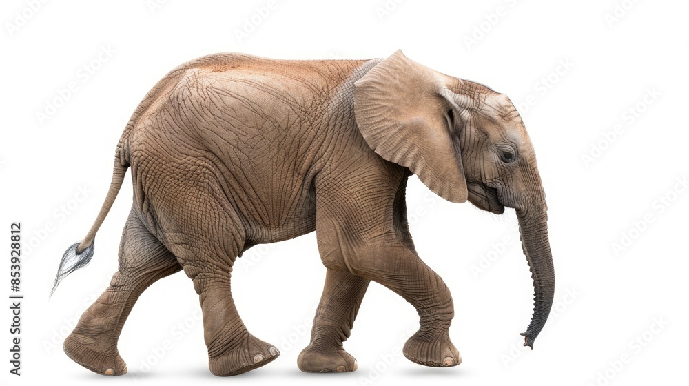 Fototapeta premium Side view of a young elephant walking, isolated on a white background