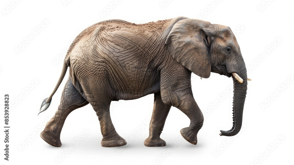 Obraz premium Side view of an elephant in mid-step, isolated on a white background