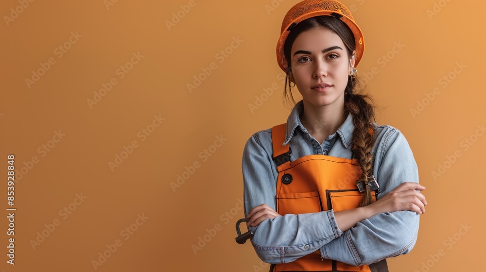 Portrait of a Young Female Carpenter in Safety Gear Standing Confidently on brown background with copy space for text Portrait of a Young Female Carpenter in Safety Gear Standing Confidently on brown background with copy space for text