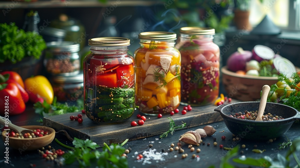 canned and pickled vegetables in glass jars on a dark background, healthy home traditional food, cooking school, cooking articles and recipes canned and pickled vegetables in glass jars on a dark background, healthy home traditional food, cooking school, cooking articles and recipes