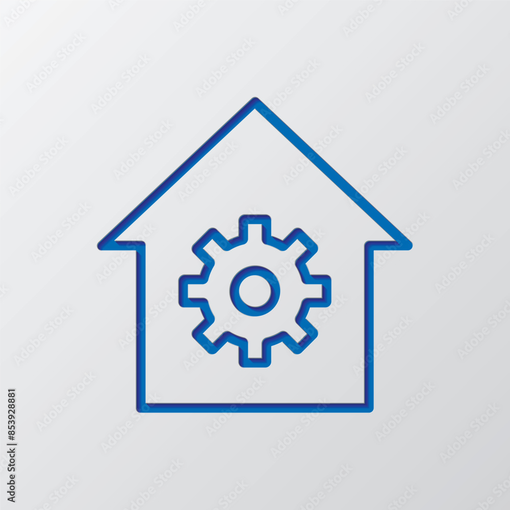 Gear, house simple icon vector. Flat design. Paper cut design. Cutted blue symbol with shadow. Gray background Gear, house simple icon vector. Flat design. Paper cut design. Cutted blue symbol with shadow. Gray background