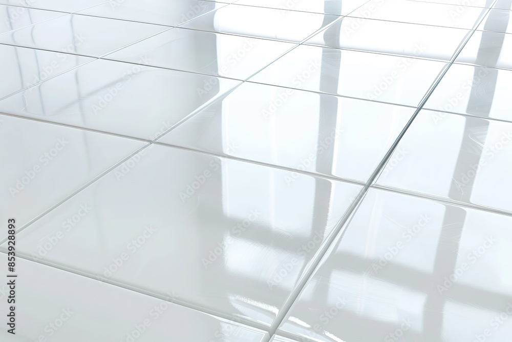 Fototapeta premium White tile floor background in perspective view. Clean, shiny symmetry grid line texture. Bathroom, kitchen and laundry room decor. Empty copy space for product display. Underfloor heating. Flooring