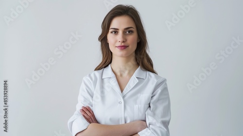 Portrait of a Young Female Dentist in White Lab Coat with Arms Crossed with copy space for text