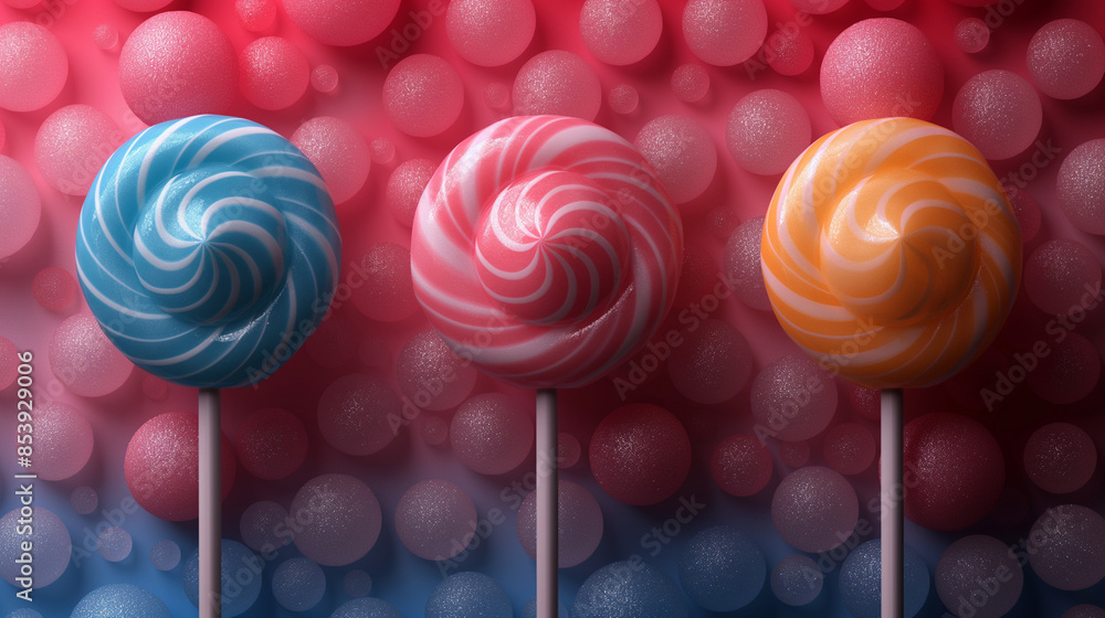Blue, Pink and Yellow Lollipops on Pink Glitter Balls Background Blue, Pink and Yellow Lollipops on Pink Glitter Balls Background
