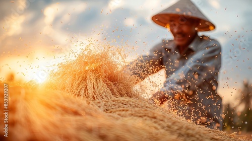 A farmer tossing harvested rice stalks into the air to separate the grains, a traditional winnowing technique, isolated on a white background.  photo