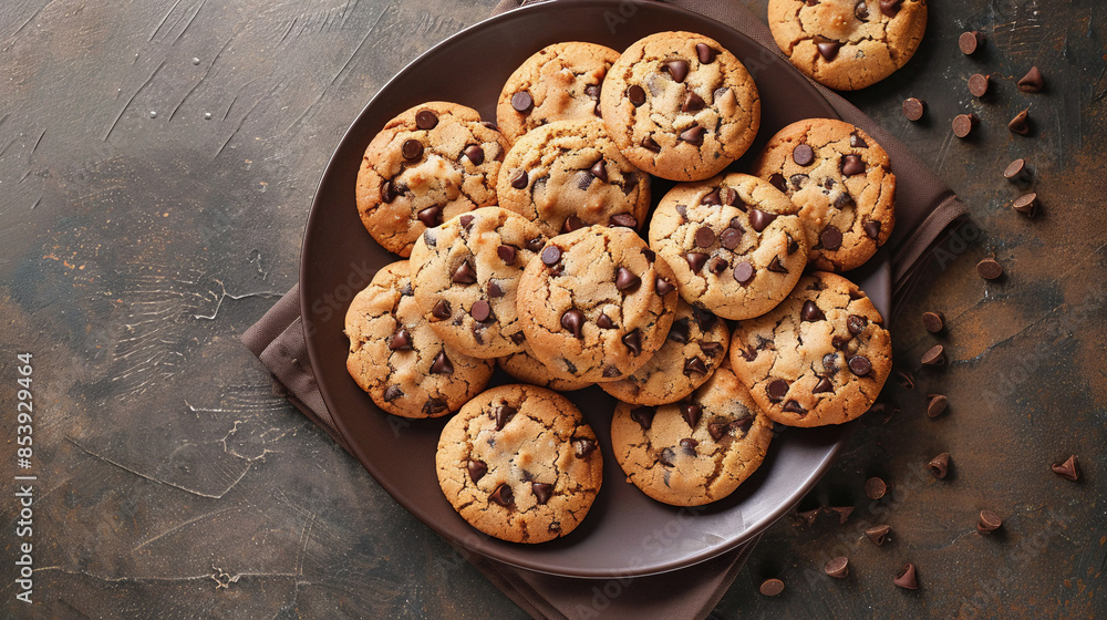 Top View Of Chocolate Chip Cookies On A Plate And Lose Chocolate On The Table Top View Of Chocolate Chip Cookies On A Plate And Lose Chocolate On The Table