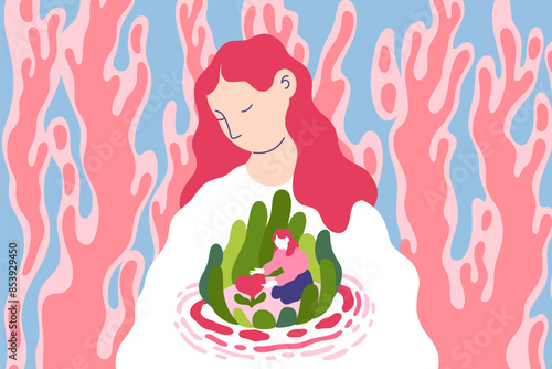 Self love. Mental health life. Kind of abstract plants. Woman growing flowers in heart. Mind recovery. Person developing soul garden. Inner world mindfulness. Vector psychology concept