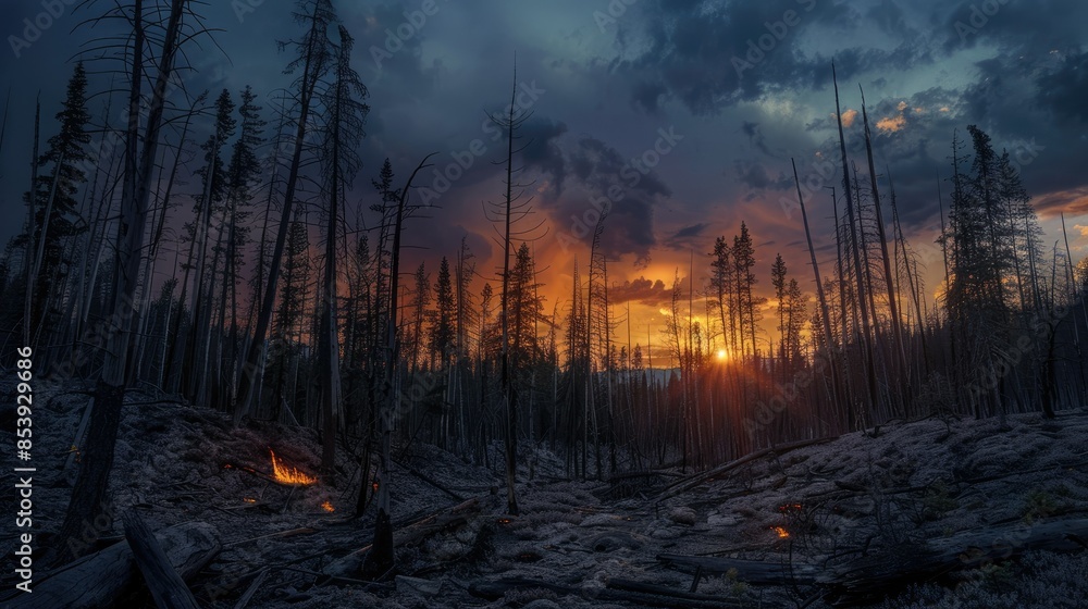 Sunset over a dying forest affected by bark beetle infestation, casting an eerie glow on the bleak landscape Sunset over a dying forest affected by bark beetle infestation, casting an eerie glow on the bleak landscape