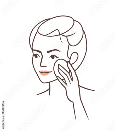 Body care. Female beauty. Makeup or skincare cosmetic procedures. Girl cleaning face with sponge. Daily spa routine. Person applying facial moisturizing cream. Vector woman portrait