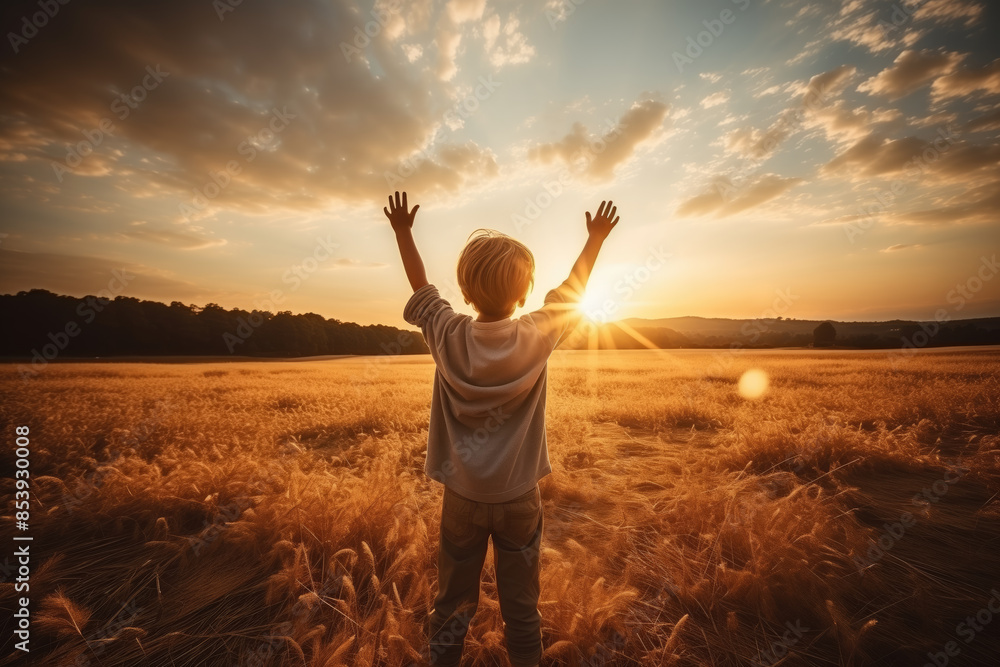 Young boy is raising his hands in a wheat field at sunset Young boy is raising his hands in a wheat field at sunset